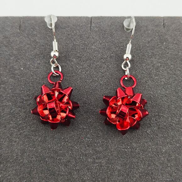 Christmas Present Red Bow Earrings 925 Sterling Silver Hook Dangle Drop Party - Picture 1 of 4